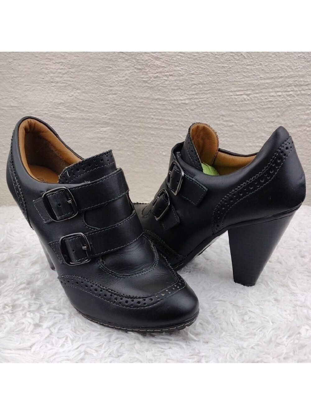 euro Soft by Sofft Sadira Black Leather Dual Buckled Upper Oxford Style Bootie